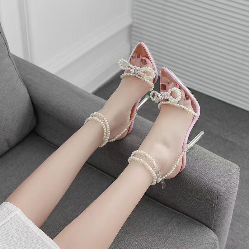 Women's Butterfly Pearl Rhinestone Pointed Toe Crystal Heel Sandals