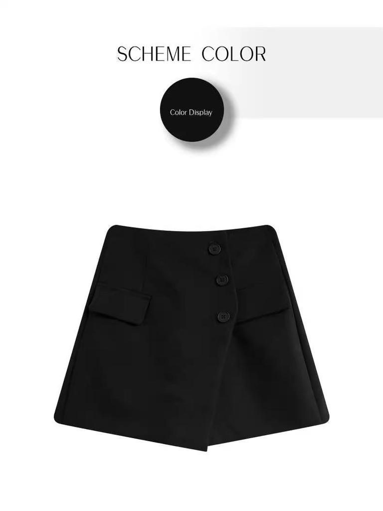 2025 Irregular High-Waisted Slimming A-Line Shorts Skirt with Button Detail - Women's Wide-Leg Pants