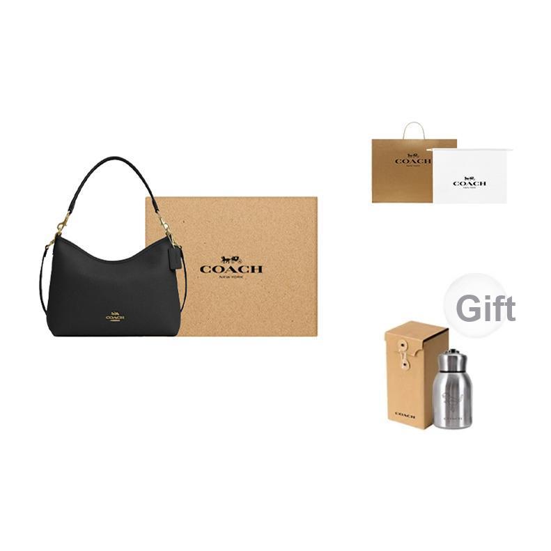 Coach Laurel 31 Logo Reißverschluss Kieselsteinleder Tragetasche Crossbody Umhängetasche Große Damen Taschen Gold Schwarz CR148-IMBLK