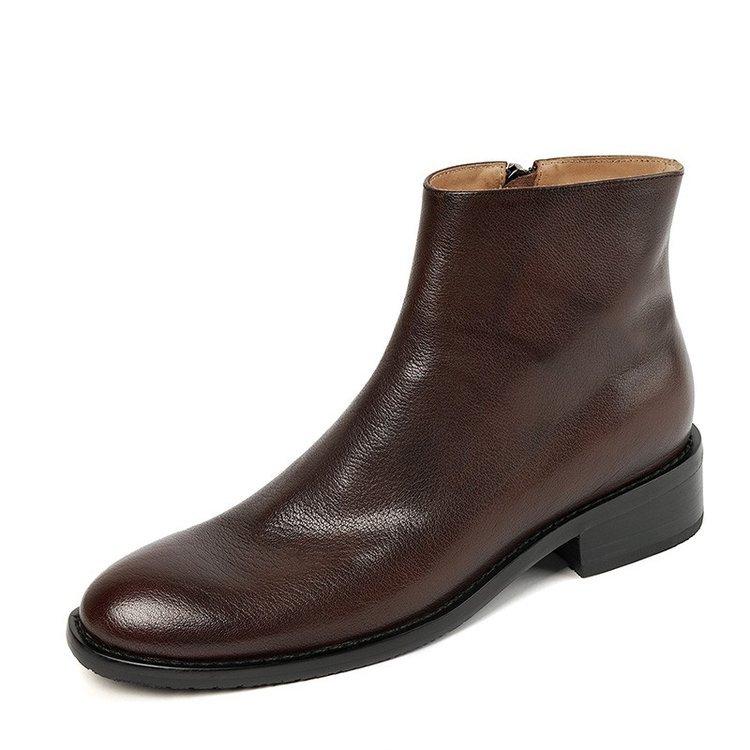Soft Sole Thick Heel Square Head Women's Shoes Soft Leather Brown Medium Heel Short Boots Women's French Short Bare Boots