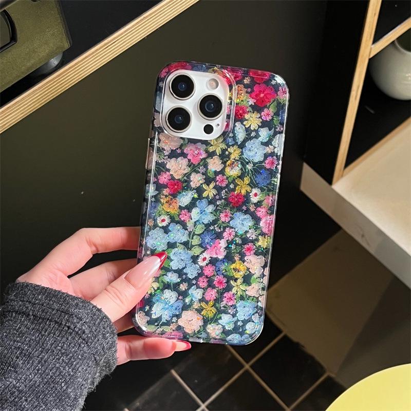 Colorful Glitter Floral Double Layer IMD Phone Case for iPhone 14/15 Pro Max/17 Pro 15 Pro Max