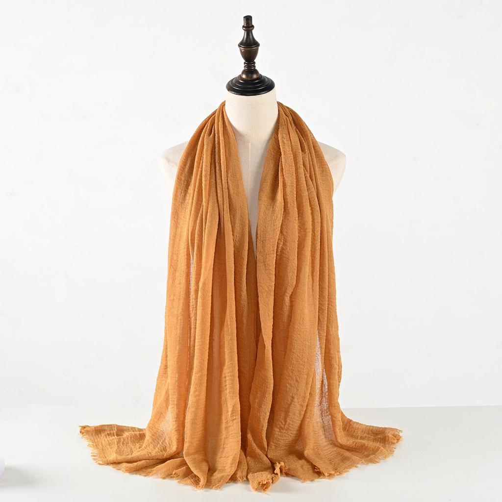 Crinkled Cotton-Linen Blend Scarf with Fringe - Solid Color, 90x180cm, Women's Headscarf
