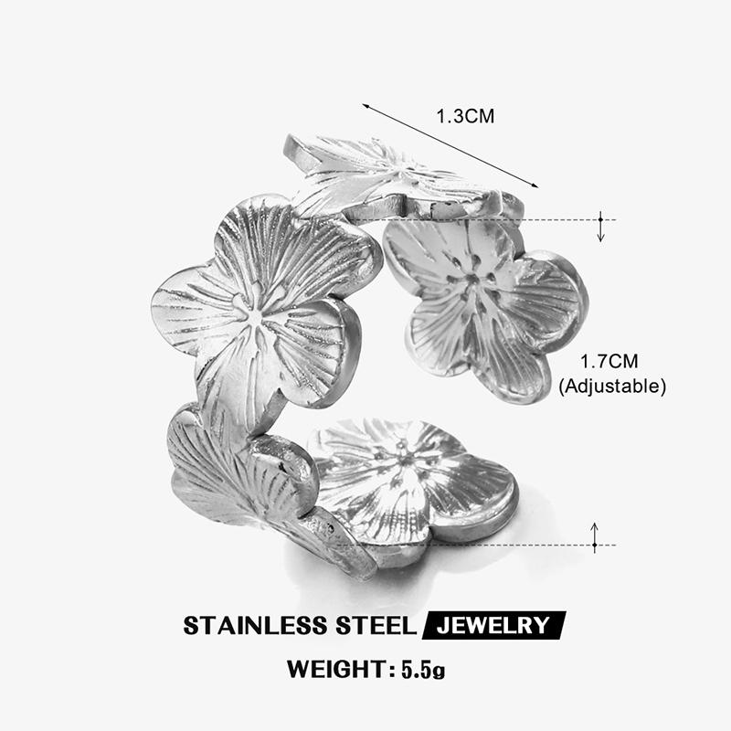 Stainless Steel Texture Flower Rings for Women 18K Gold Pvd Plated Waterproof Open Finger Rings Wedding Exquisite Jewelry Gifts