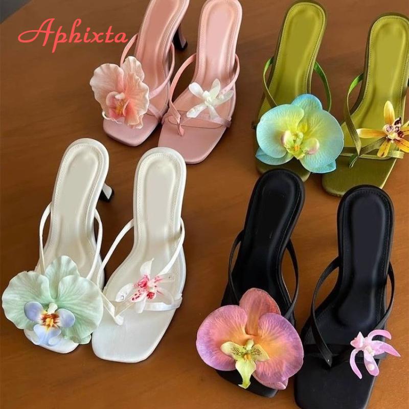 Aphixta High Heels Woman Mules Flip Flops Flower Summer High Heeled Women White Pink Floral Heels Square Toe Prom Slipper