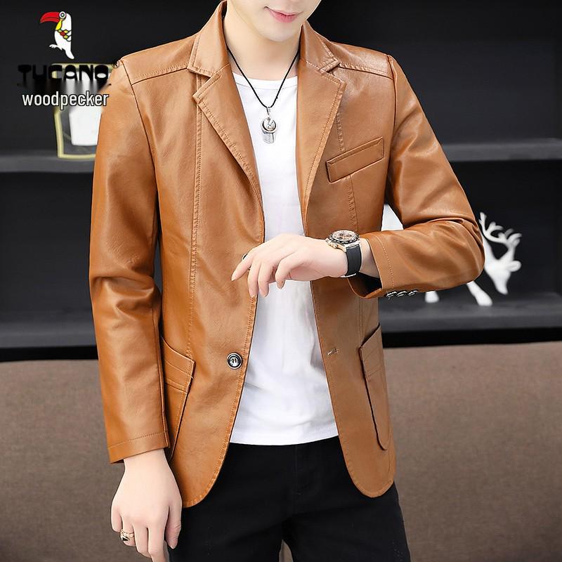 

Мужской кожаный блейзер приталенного силуэта Woodpecker - Тонкий стиль для весны/осени с зимним флисом 4XL