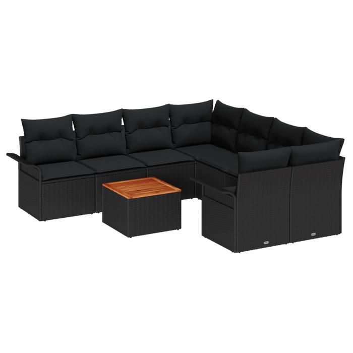 VidaXL Ensemble de Canapé de Jardin 9 Pièces avec Coussins Noir Poly Rattan Acacia 3355979