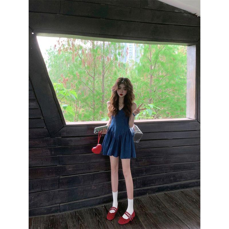 Kumikumi Elegant All-Match V-neck Denim Sling One Piece Dress Women Clothing Summer High Sense Waist Hugging Slimming Short Dress