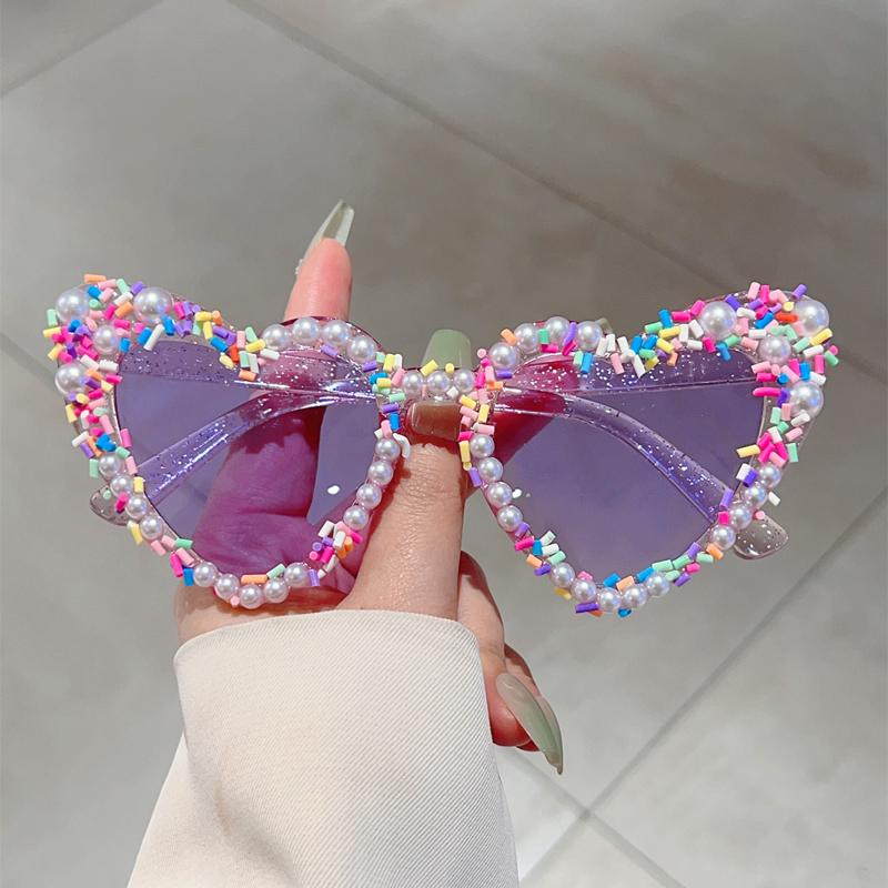 Heart Shape Sunglasses with Pearls and Jimmies Fashion Cute Gradient Multi-color Decor Shades Trendy Original Sun Glasses