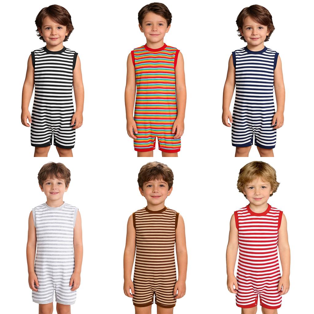 Unisex Special Needs Adaptive Clothing Sleeveless Back Invisible Zipper Press Button Crotch Striped Jumpsuit