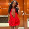 2026 European Style Spring Solid Deep V Halter Backless Short Dress with Long Sleeves