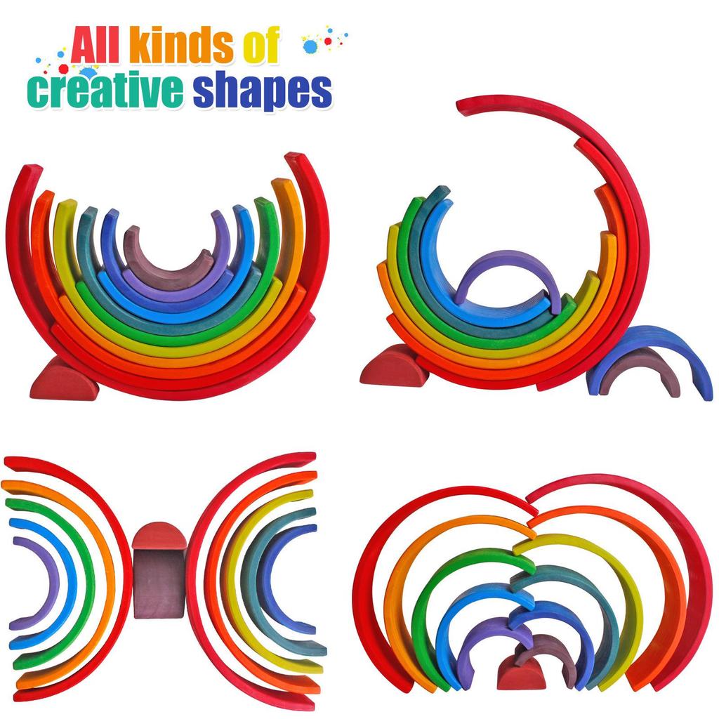 Colorful Wooden Rainbow Arch Bridge & People Stacking Blocks for Children's Early Education