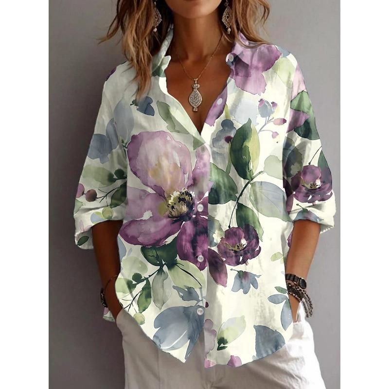 Sommer Damenhemd Blume Aktiv Stilvolle Bluse Reverskragen Bluse Damen Langarmhemden Damenbekleidung Damenkleidung