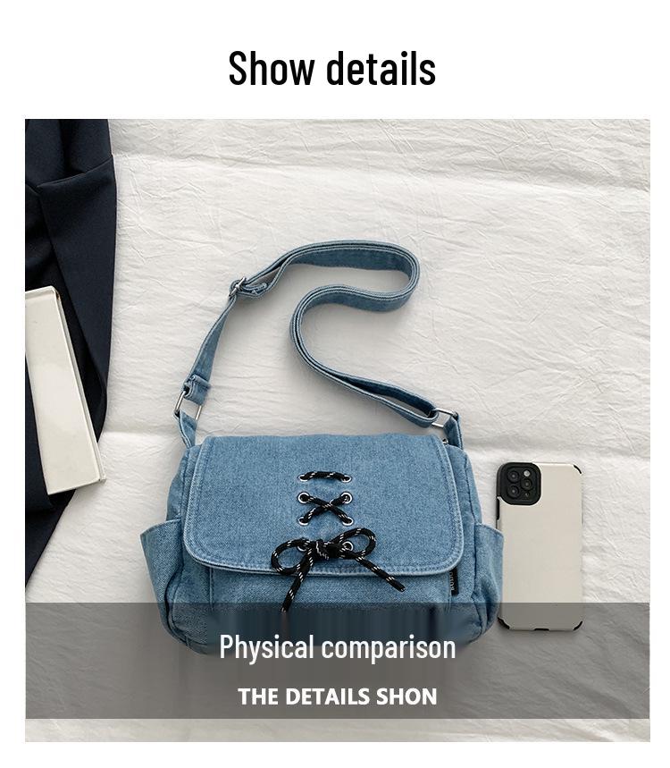 Korean Style Denim One-Shoulder Bag with Drawstring, Large Capacity Crossbody for School and Travel