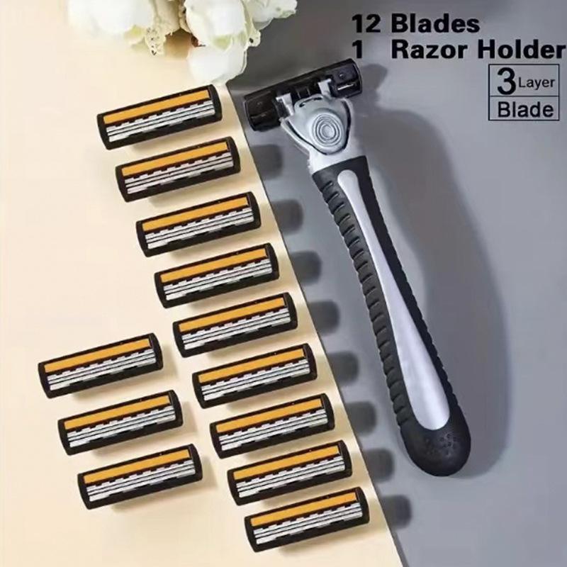 Dreischichtiger gelber manueller Rasierer mit schwarzem Griff