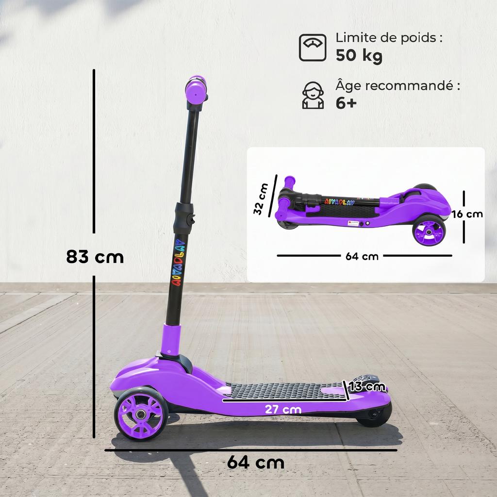Electric scooter for children 6+ years, foldable 3 wheels zero start, maximum speed 8 km/h 64x29x83cm purple