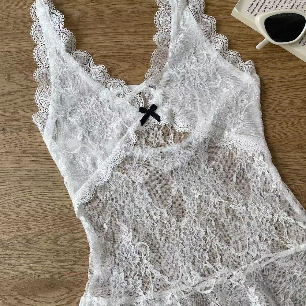 Transparent Lace Halter Dress V-neck Hollow Out Camisole New Lace-up Short Skirts  Women