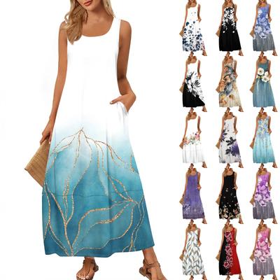 Moda feminina casual maxi saia verão praia saia gola redonda sem mangas solto floral estampado vestido de verão