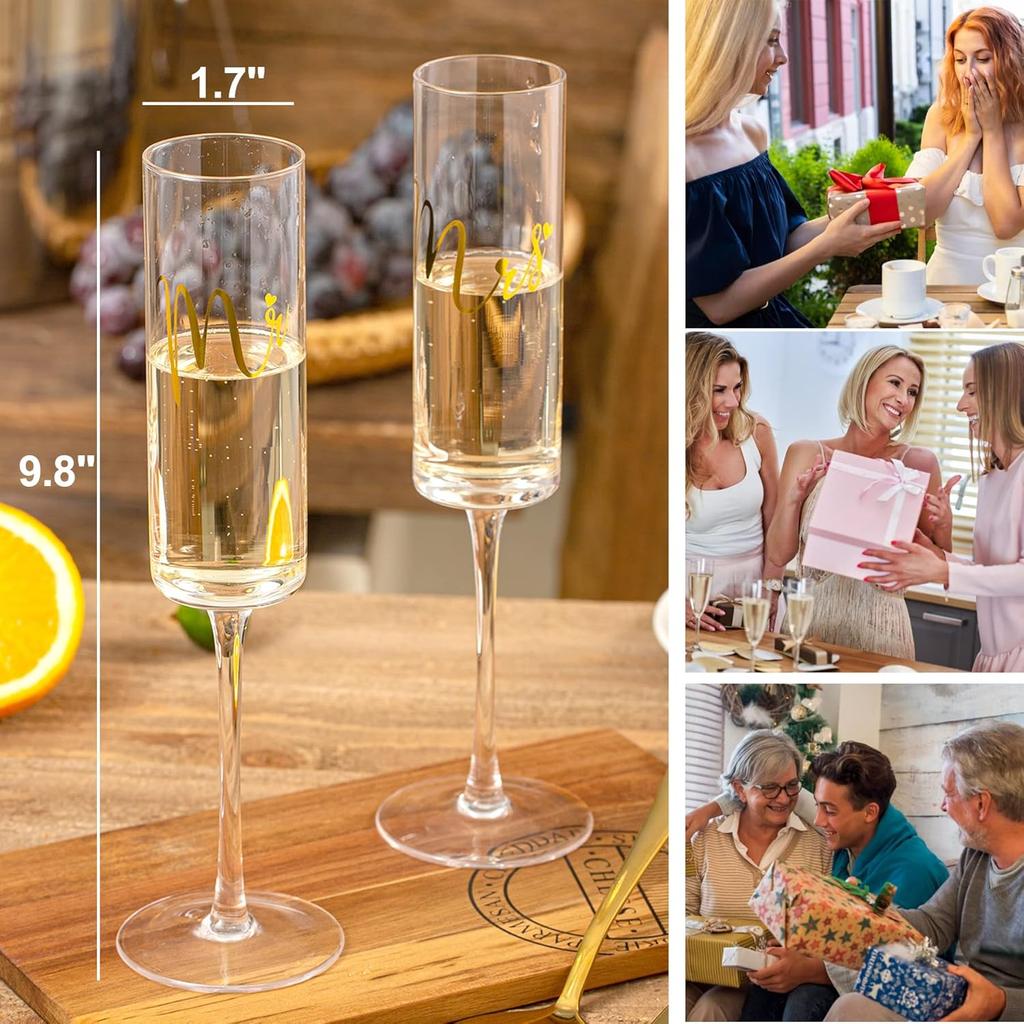 Bröllopstårtkniv & Serveringsset, Mr & Mrs Champagneglas för Brudpar, Bröllopsduschpresent