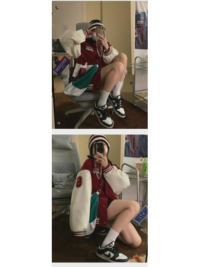Women's Winter Trendy Korean Velvet Baseball Jacket with Embroidery