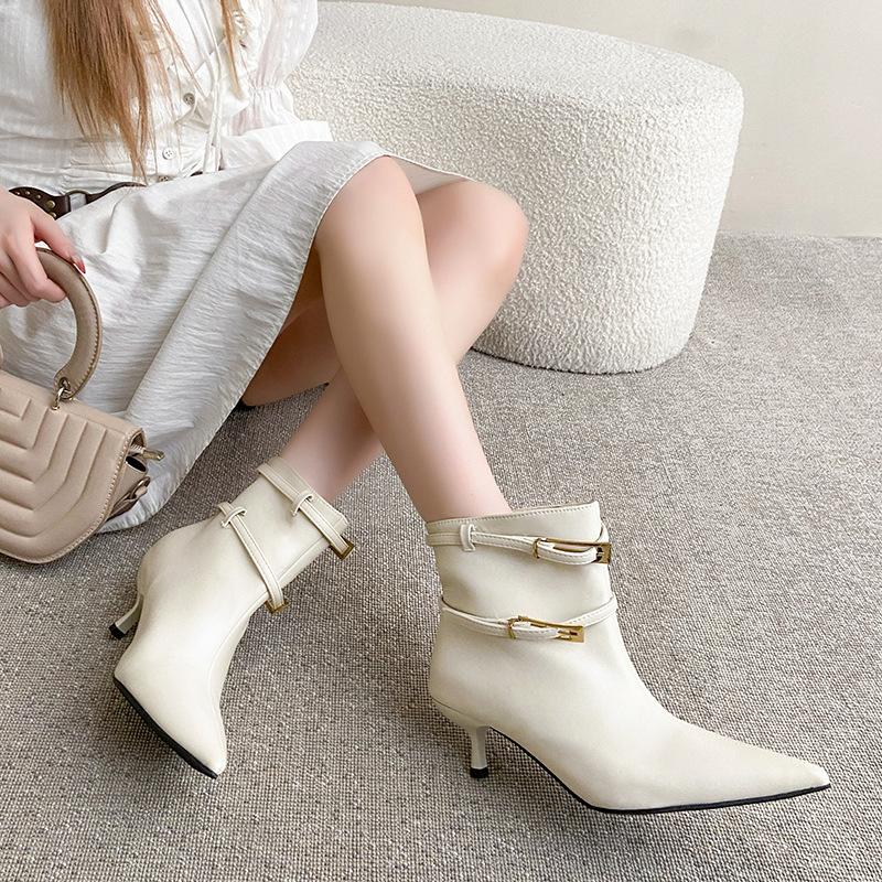 Fashion temperament pointed black women's short boots women's new autumn and winter thin heel leather boots versatile high heels