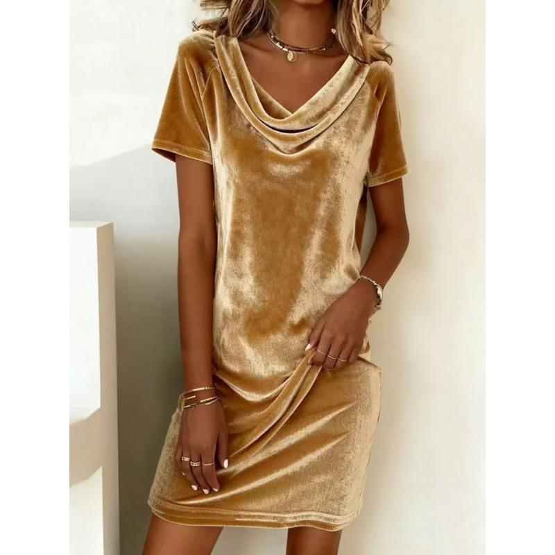 

Womens Velvet Cowl Neck Short Sleeve Mini Dress S золотой