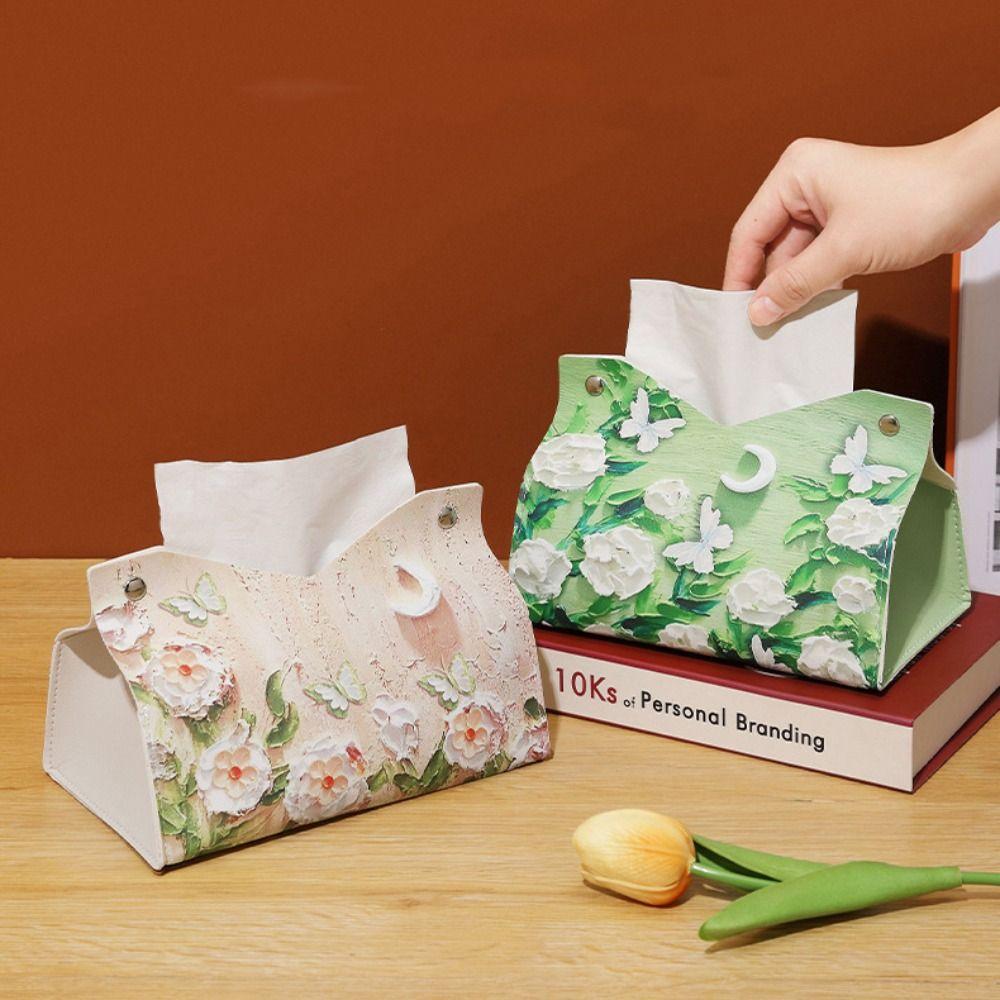 Vintage PU Leather Tissue Box Holder Decorative Durable Paper Tissue Case Oil Painting Car Tissue Box Home Living Room