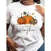 European Size Women'S Oversized Casual T-Shirt - White Pumpkin & Leopard Print with "Hey Pumpkin" Lettering, Short Sleeve Round Neck