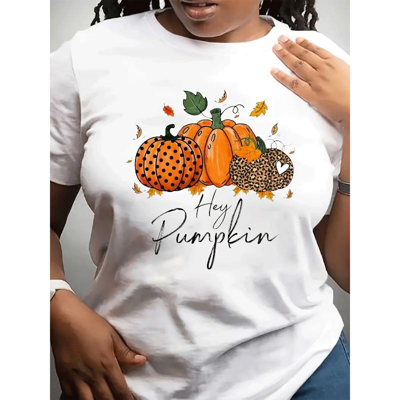

European Size Women S Oversized Casual T-Shirt - White Pumpkin & Leopard Print with Hey Pumpkin Lettering, Short Sleeve Round Neck 4XL білий