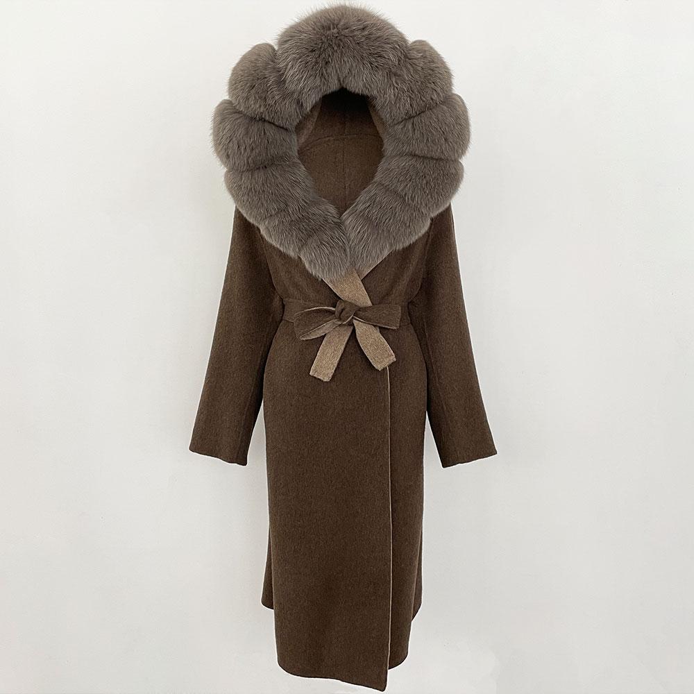 OFTBUY Winter Women Coat Real Natural Fox Fur Hooded Detachable Collar Double-faced Woolen Jacket Long Casual Elegant Overwears