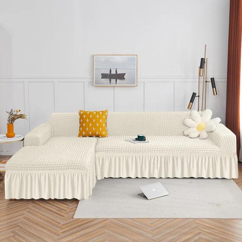 1ks tvarovaný kostkovaný seersuckerový potah na sukni na pohovku, jednobarevný pruhovaný vzor, potah na pohovku do obývacího pokoje, elastický potah na křeslo 1/2/3/4 místný
