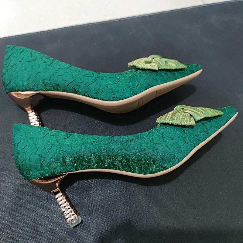 Green Silk Bowtie High Heels Pumps For Women Sexy Pointed Toe Metal Stiletto Heels Wedding Party Shoes Woman Spring Bombas