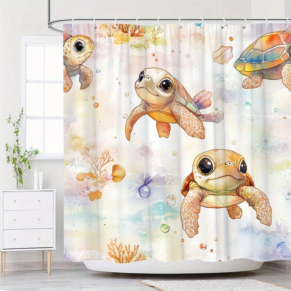 

1Pc Ocean Theme Shower Curtain - Sea Turtles & Coral Reef, Soft Pastel Colors, Polyester, All-Season, Watercolor Illustration W60H190(CM)-1 Pcs