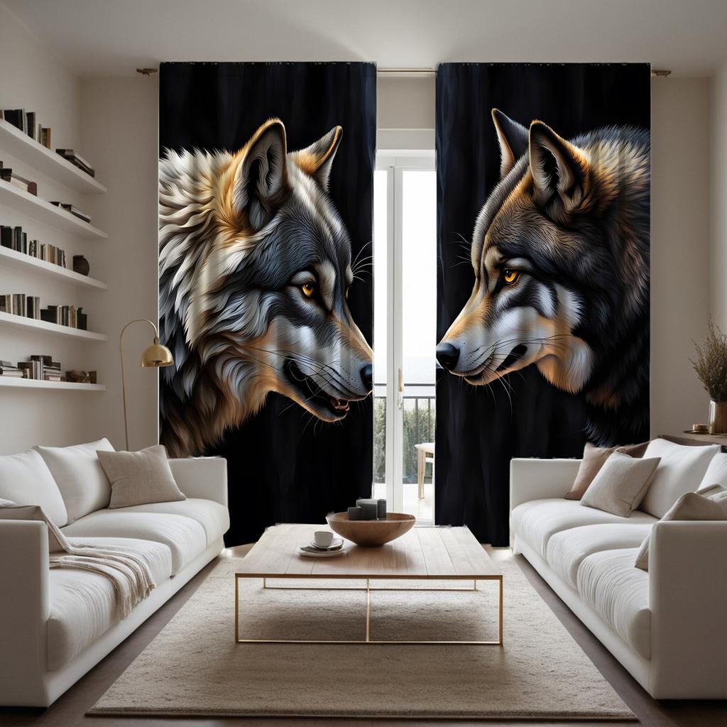 2pcs HD Wolf Totem Decorative Curtain Black Tie Digital Printed Curtain Home Decoration Style Decoration Living Room Bedroom