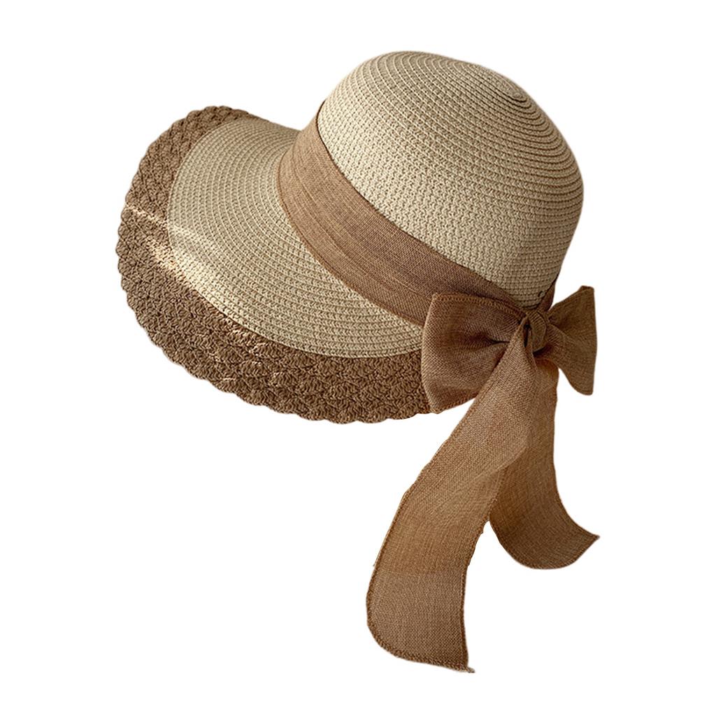 Women Wide Brim Straw Hat Lace Edge Design Beach Caps with Bowknot for Outdoor Sports Hiking Travel