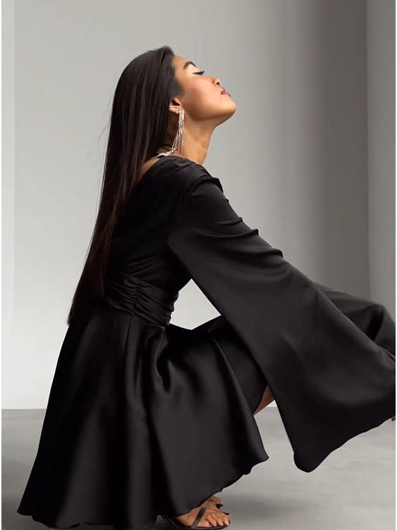 European & American Party Satin Bell Sleeve V-neck Waist-Cinching Short Dress