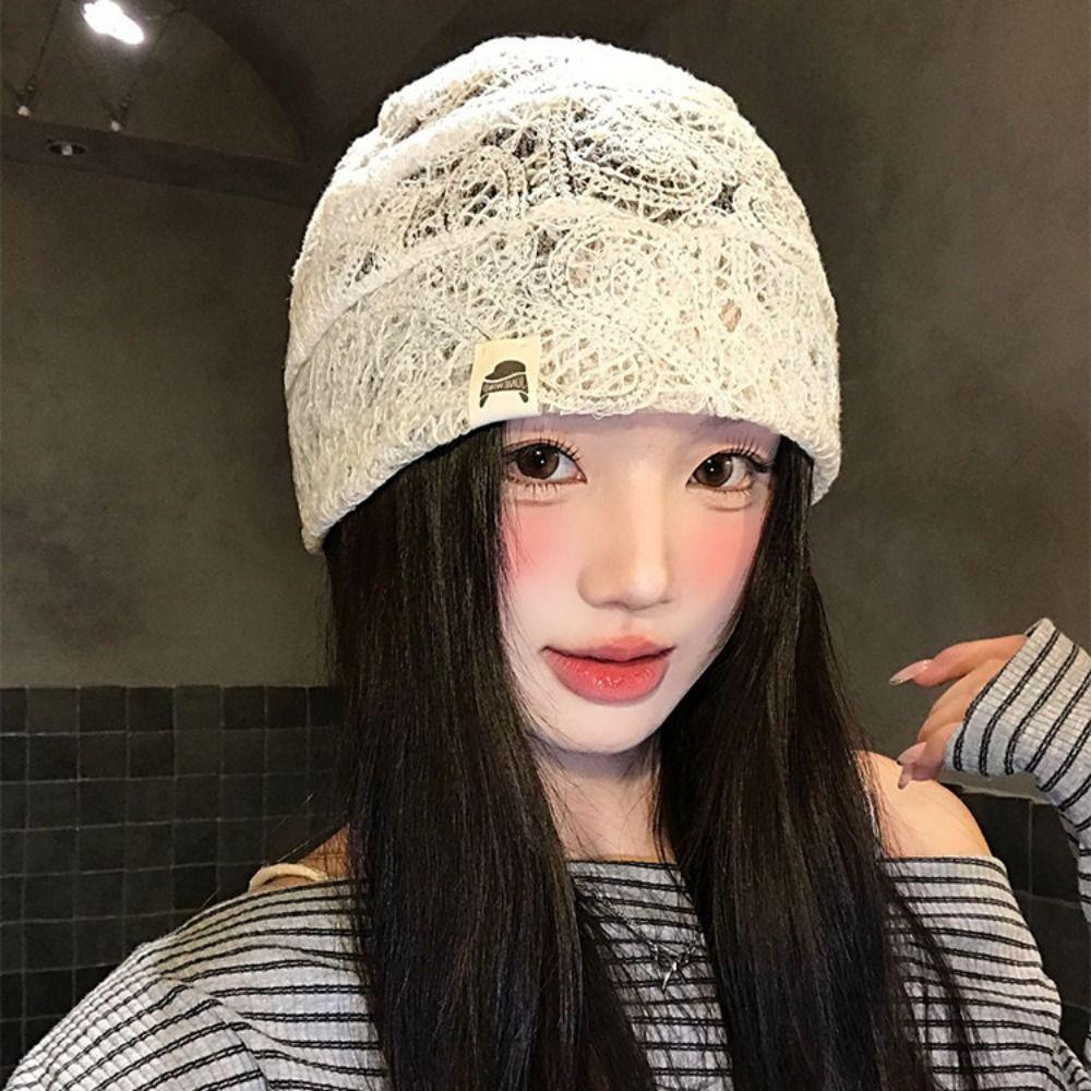 Breathable Hollow Out Flower Beanies Embroidered Flower Pile Hat Casual Lace Hat  Outdoor