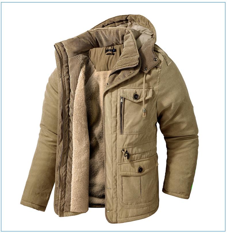 Men's American Plus Size Mid-Length Fleece-Lined Thick Cotton Coat for Sub-Zero Temperatures