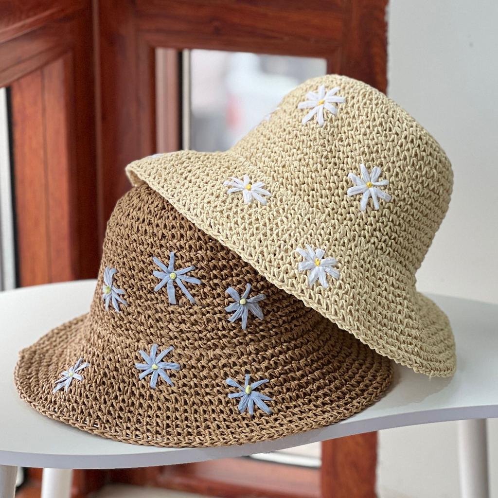 Summer Crochet Straw Hat For Women Sweet Flower Embroidered Bucket Foldable UV Protection Beach Panama Sunshade Caps