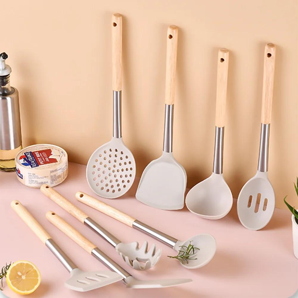 Silicone Kitchen Utensils Spatula Shovel Soup Spoon Cooking Tool Non-Stick Wood Handle Kitchen Gadgets Beaters Kitchenware