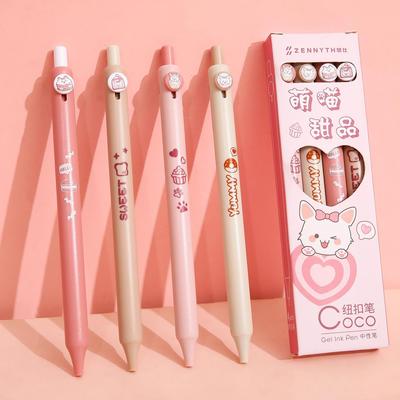 Set di 4 penne gel per dessert con gatti carini, tipo a pressione, inchiostro a sfera nero da 0,5 mm per ragazza che scrive