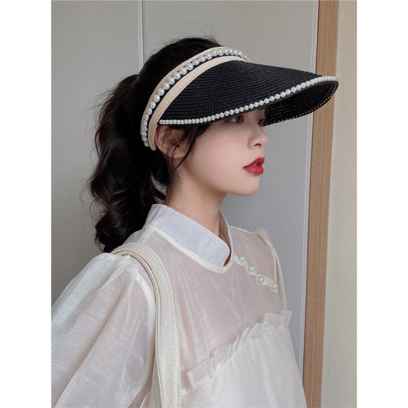 Empty top pearl straw hat, women's sun hat, summer versatile sun protection, face cover, trendy topless sun hat