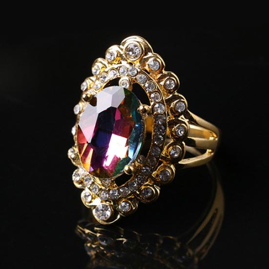 Women Rainbow Color Big Ellipse Glass Rhinestone Hollow Party Ring Gift Jewelry