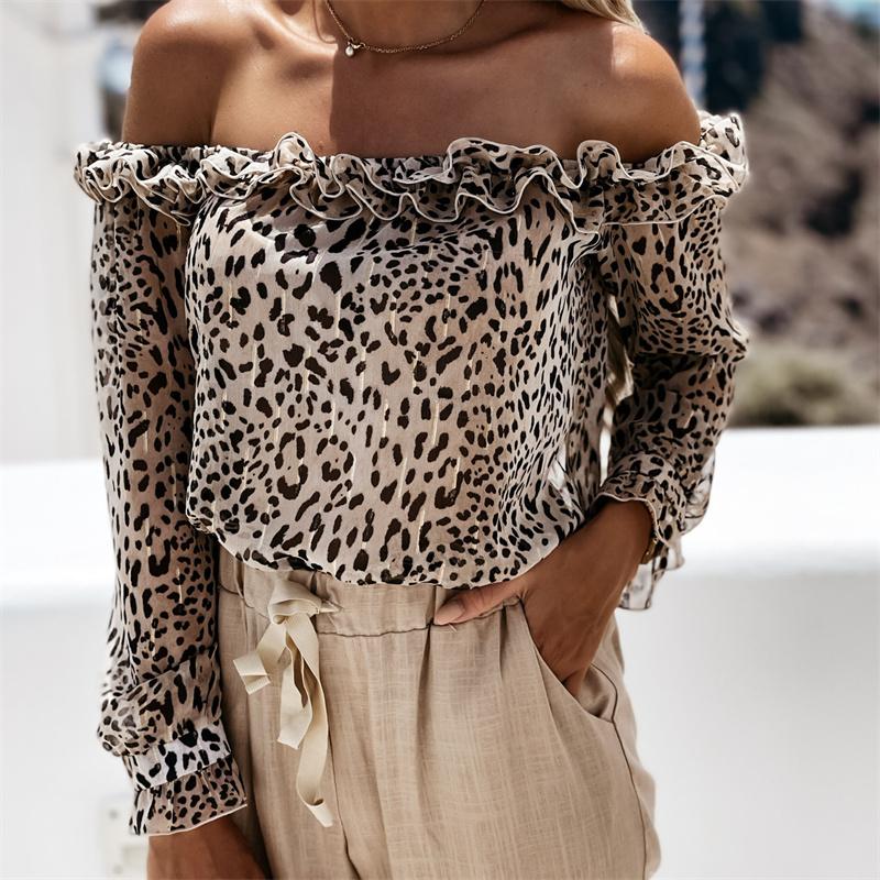 

Сексуальные летние леопардовые модные женские топы с открытыми плечами, рубашка с длинными рукавами и принтом, футболка Femininas Elegante Femme
