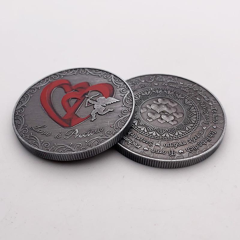 Sprache der Liebe, herzförmiger Diamant eingelegt, Nickelsilber antik, Gedenkmedaille, Sammlerhandwerk, Rot des Liebhabers, Herzmünze, Gedenkmünze
