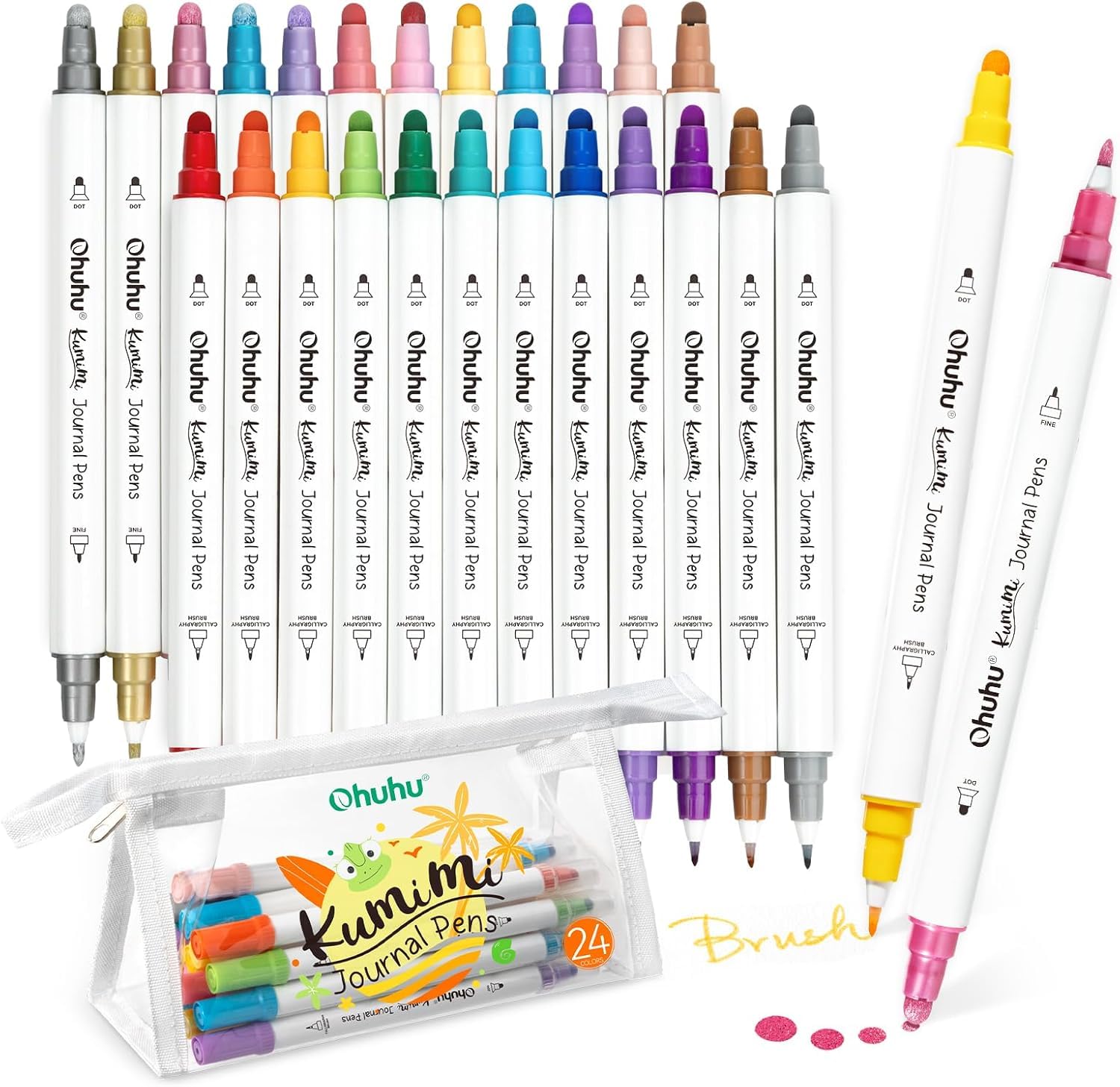 Ohuhu Dot Pens, 24 Colors, Dot Markers, Brush, Fine Point, and Dot, Water-Based Pen, Metallic, Basic Colors, Pastel Colors, Dot, Color Pen, Color Dot,