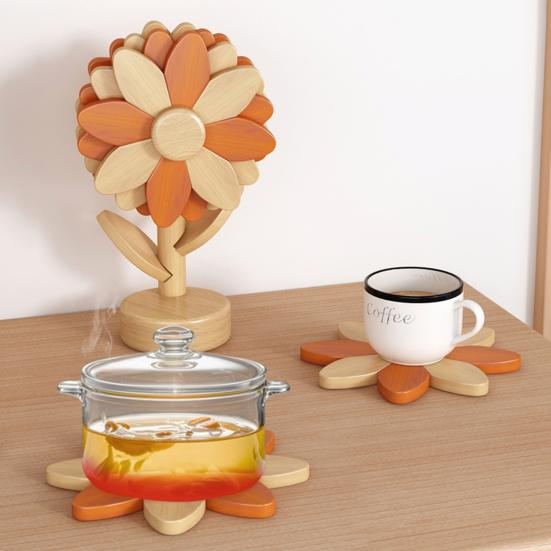 Wooden Sunflower Coaster Heat-Resistant Hot Dish Pot Bowl Teapot Pan Trivet Decorative Kitchen Coffee Dining Table Drink Cup Coaster