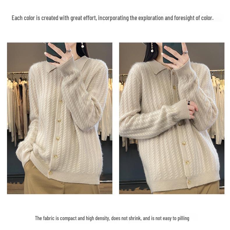 Women's Slim Cable Knit Cardigan with Cashmere Collar - Versatile Autumn/Winter Style