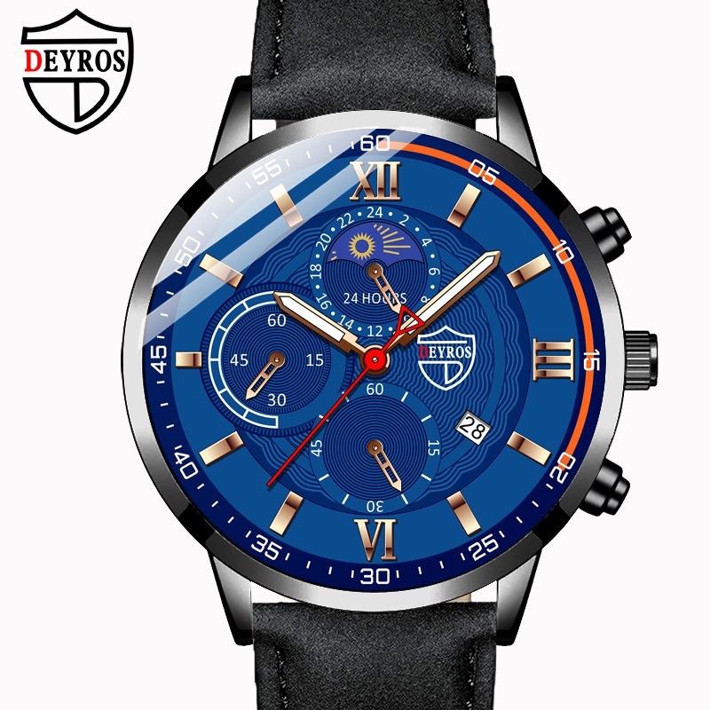 DEYROS Men's Watch Fashion Men's Business Leather Calendar Watch Men's Student Luminous Quartz Watch