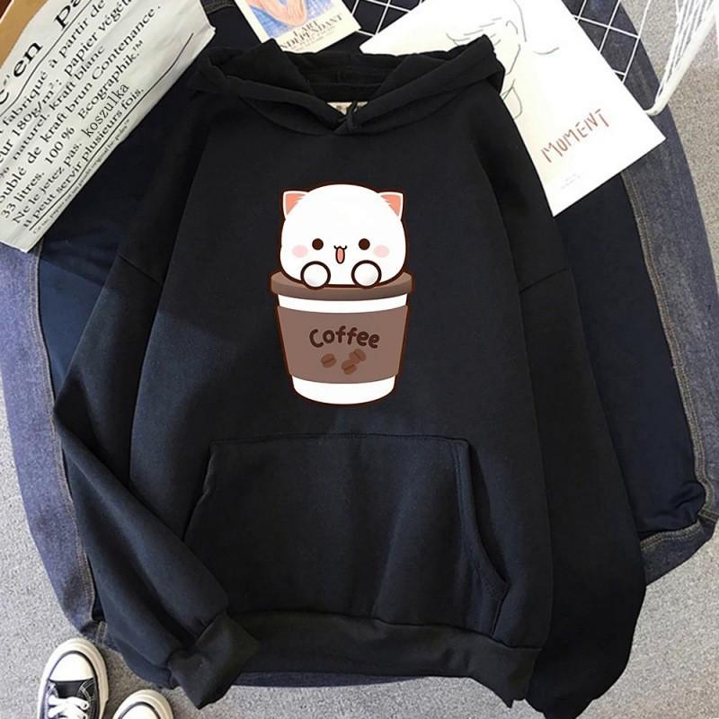 Kawaii Peach and Goma Hoodie Women Harajuku Cute Cat Hoodies Autumn Winter Funny Coffee Graphic Hooded Sweatshirt