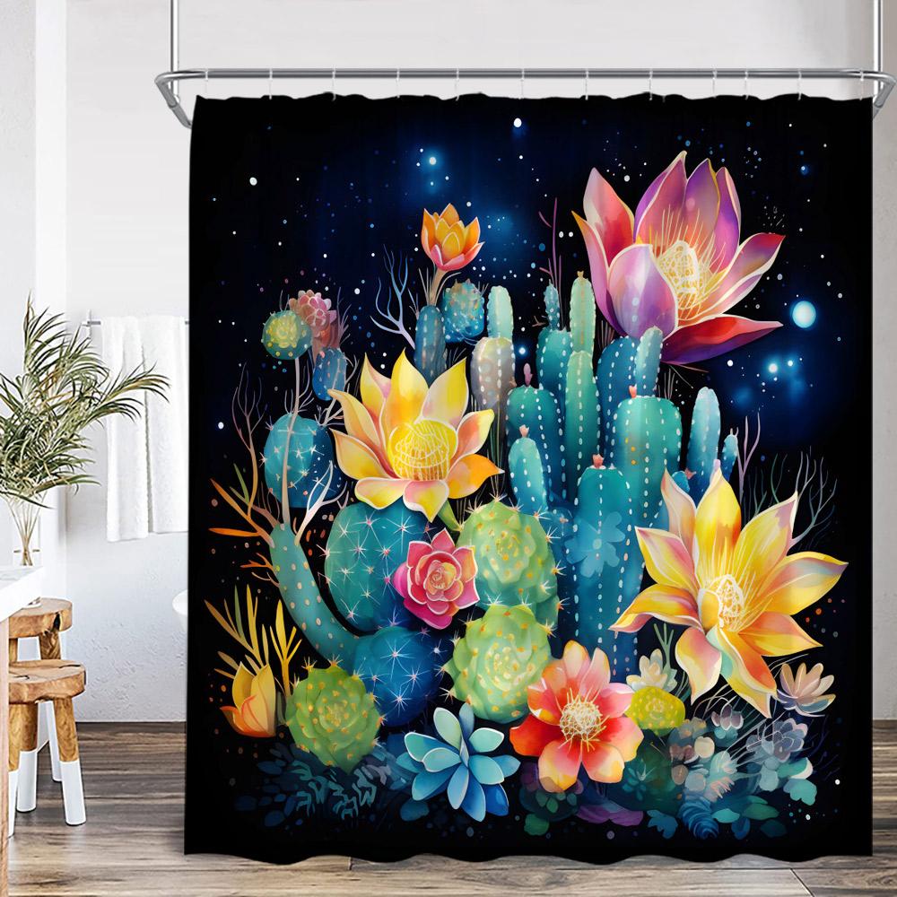 Floral Boho Shower Curtain Colored Flower Green Leaf Plant Vintage Dark Bath Curtain Polyester Fabric Bathroom Decor with Hook